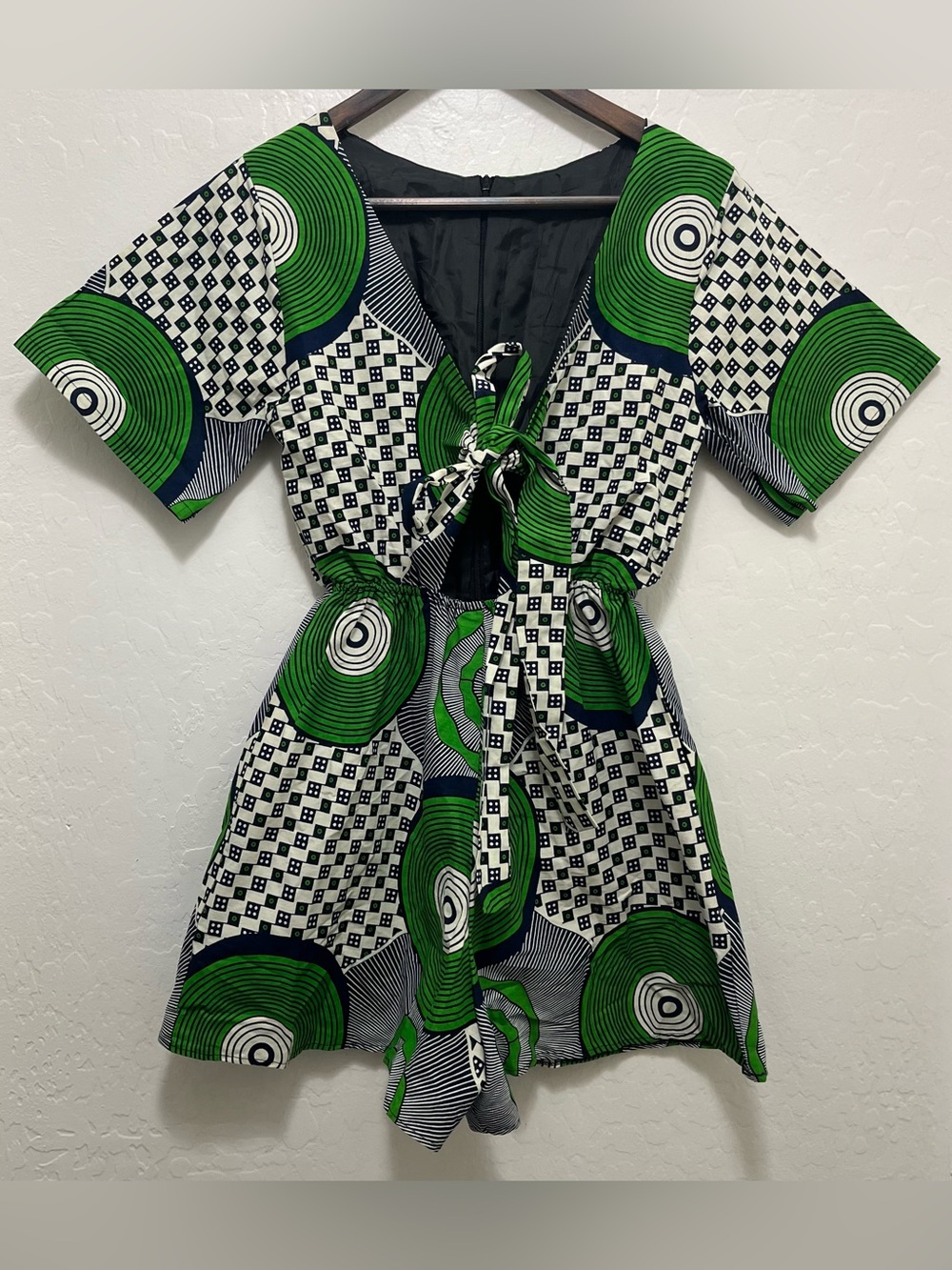 Mangishi Doll Bella Romper Green Geometric Check Front Tie Ankara Wax Print 6